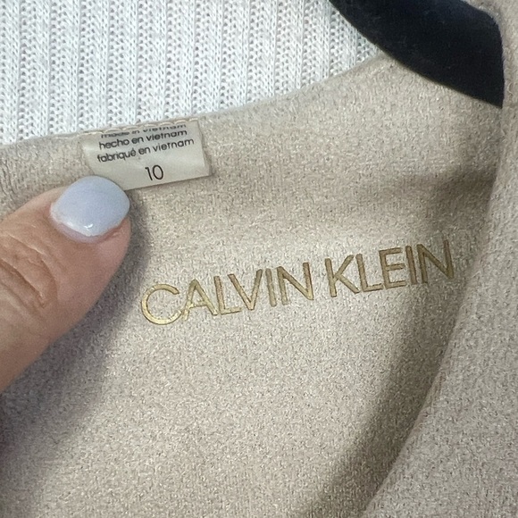 Calvin Klein Size 10 Faux Suede Sheath Dress Front Zipper Logo Pull Short Sleeve - Picture 4 of 12